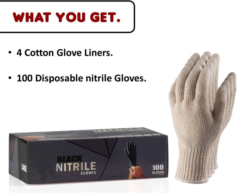 Nechtik BBQ Gloves 4 Cotton Glove Liners and 100 Disposable Gloves Washable Cotton Liners Powder Latex Free Nitrile Gloves - Image 2